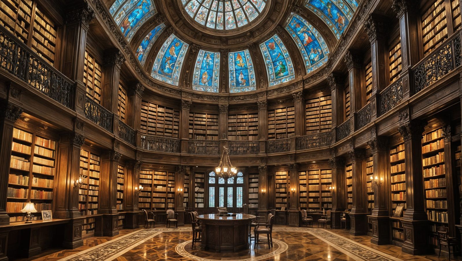 Awe-Inspiring Library with Stained Glass and Ancient Texts