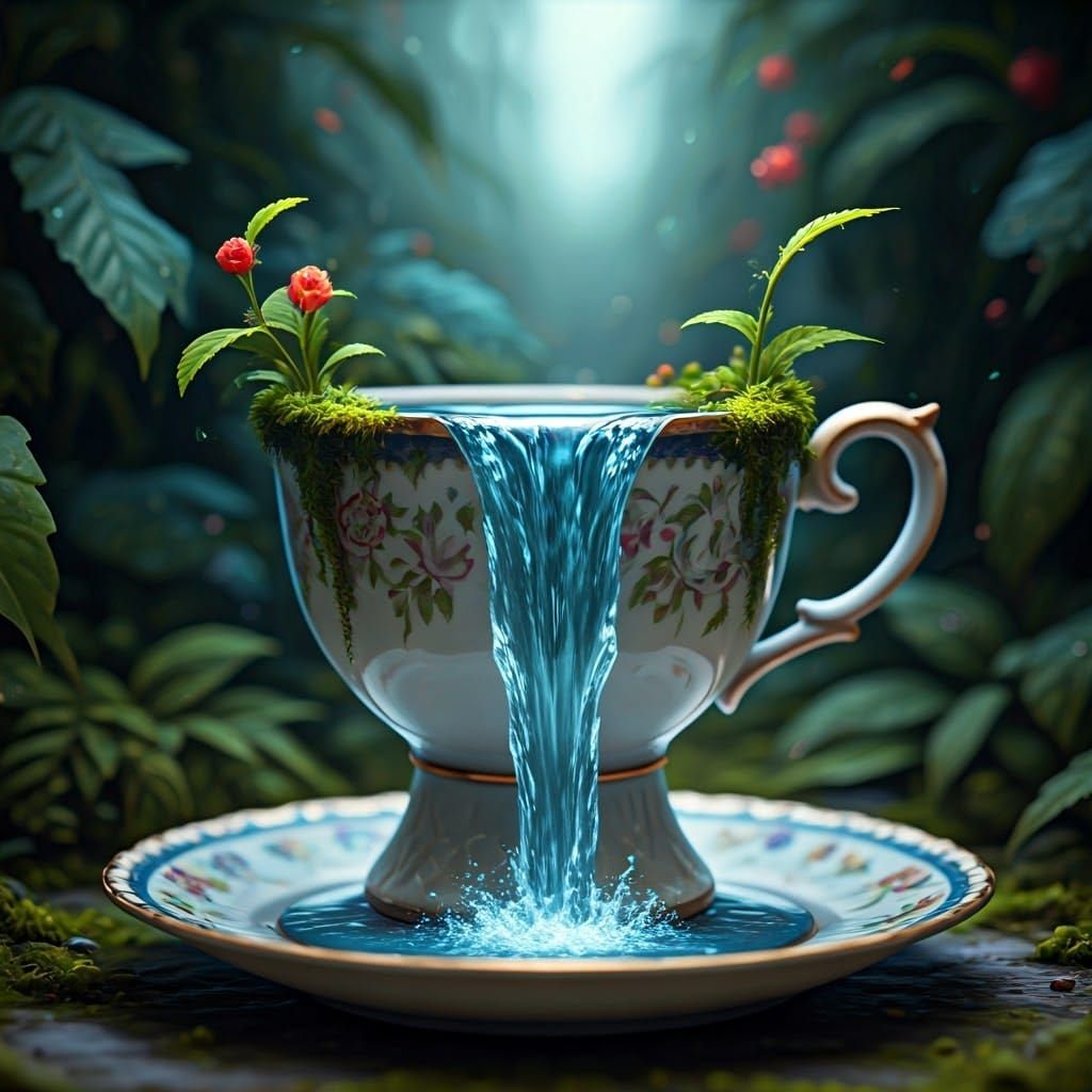Waterfall in a Delicate Tea Cup, in a Highly Detailed, Matte...