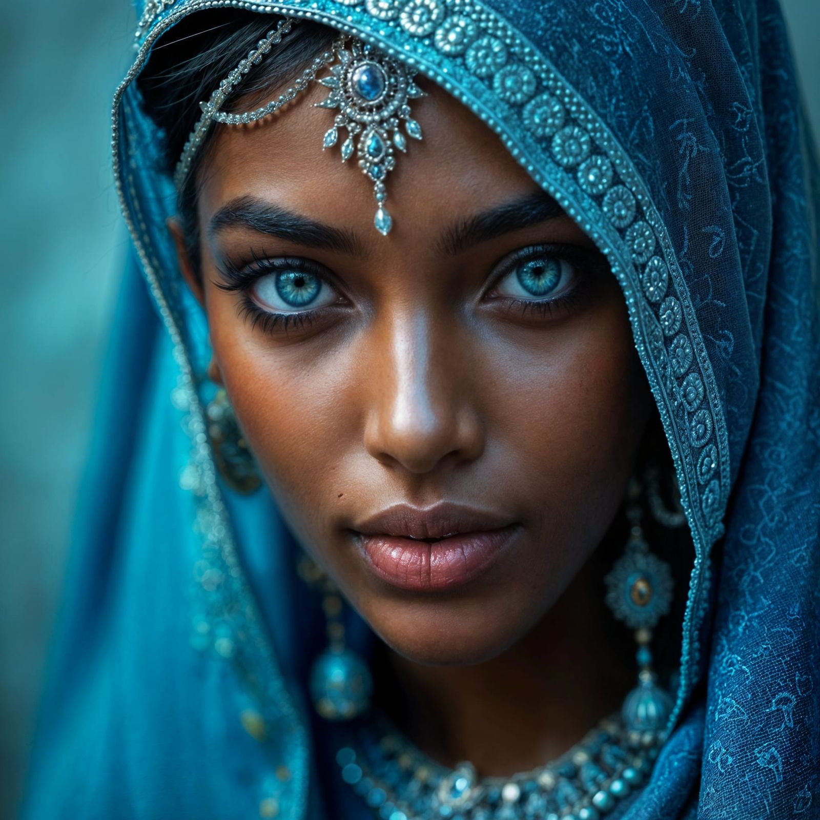 Mystical Woman with Blue Eyes and Silver Jewelry
