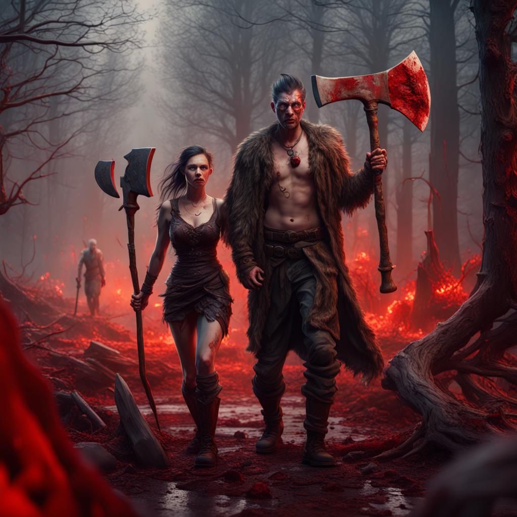 Bloody Couple with Axe: Detailed Matte Painting