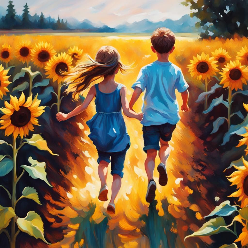 Children Run Through Sunflower Field in Splash Art Style