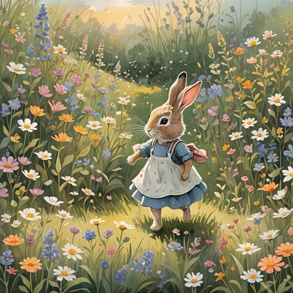 Whimsical Girl and Rabbit in Floral Meadow