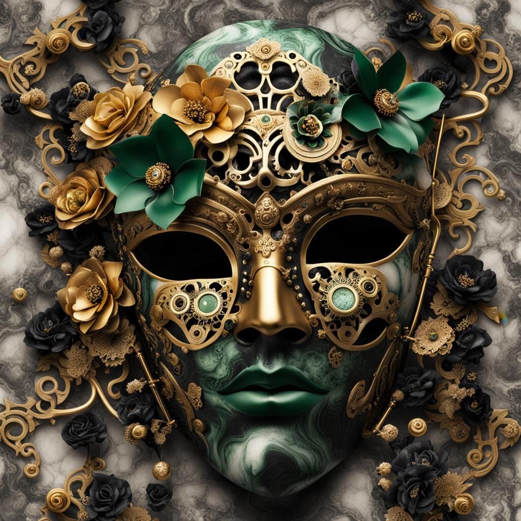 Ornate Steampunk Venetian Mask with Gold and Marble