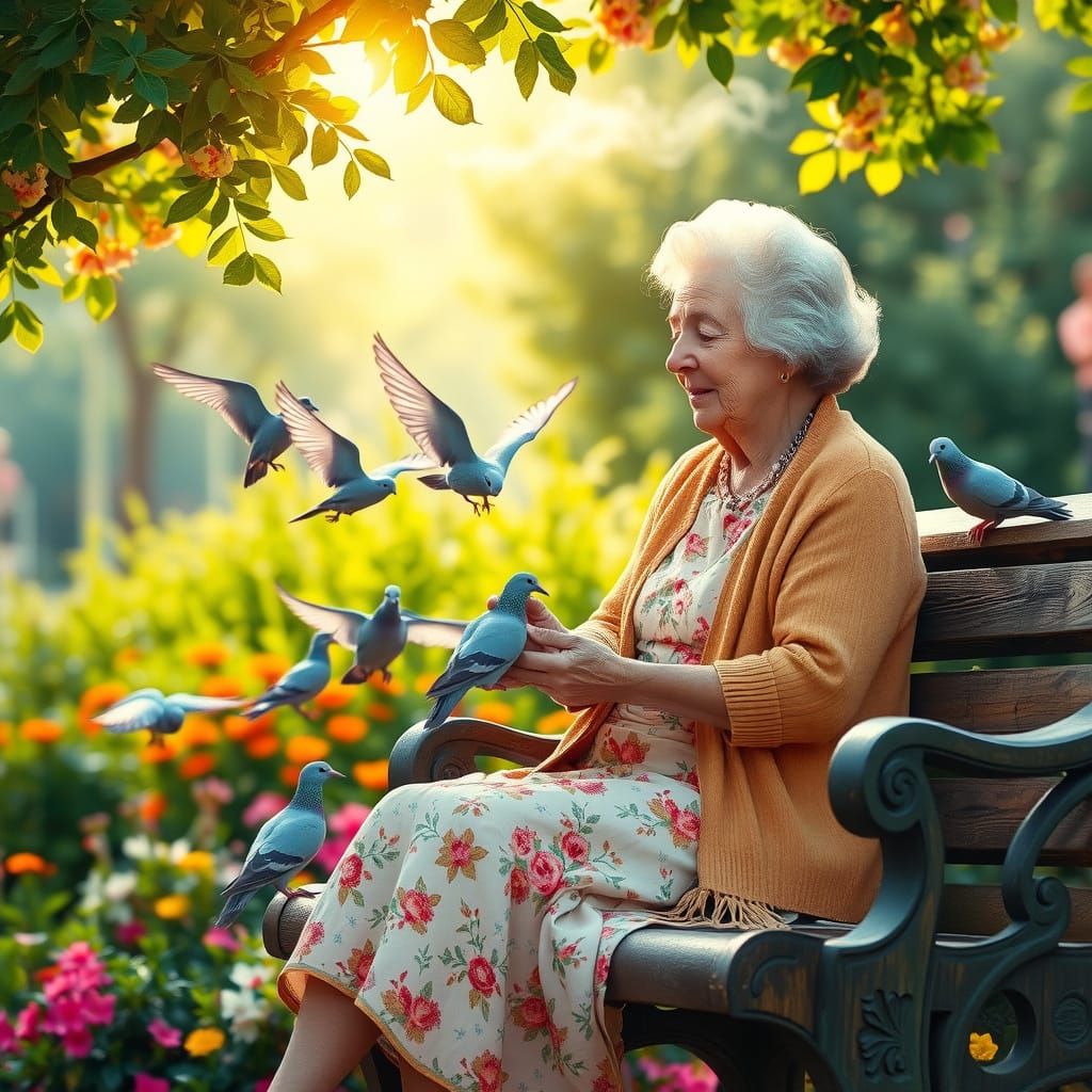 Gentle Grandmother Surrounded by Vibrant Doves in a Whimsica...