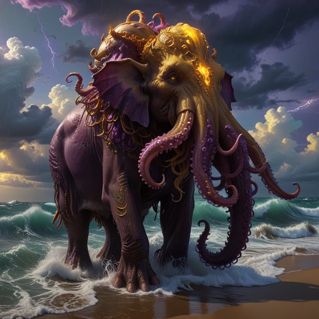 Cthulhu Elephant Rises from Stormy Ocean
