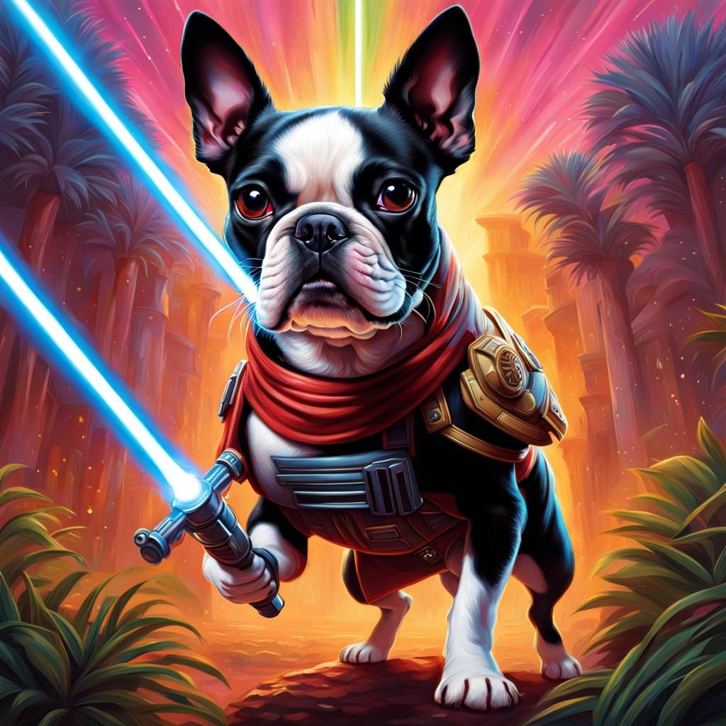 Boston Terrier Jedi Knight in Hyperrealistic Style