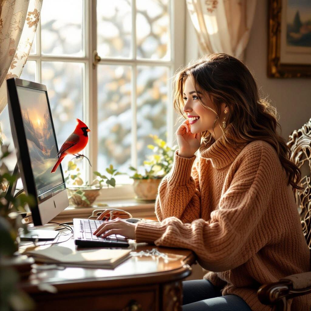 Woman at Desk Sees Cardinal, Cozy Kinkade Style