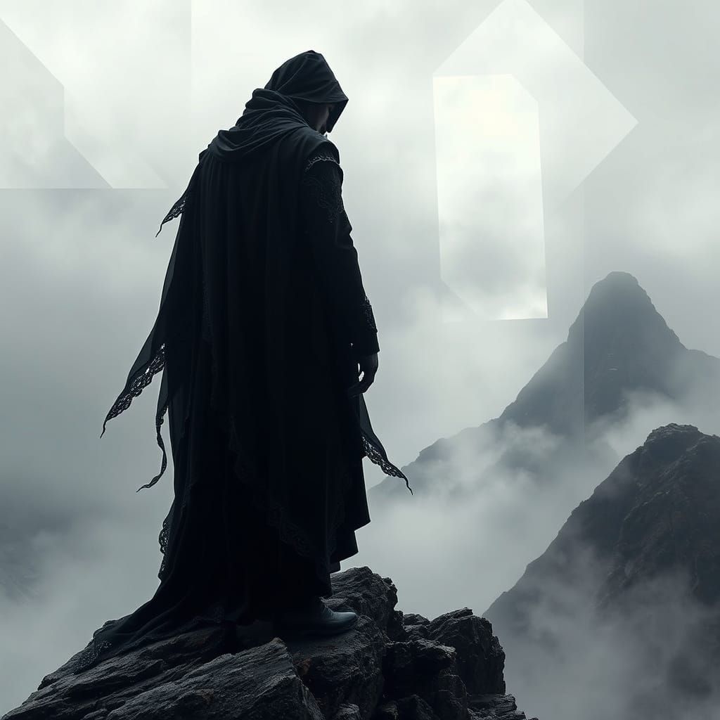 Gothic Victorian Figure on Misty Mountain Peak