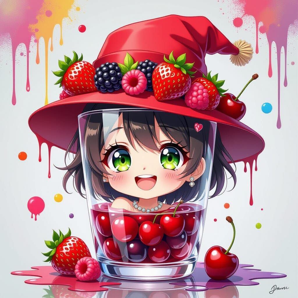 Anime Crystal Glass of Pomegranate Juice with Fruit Hat Char...
