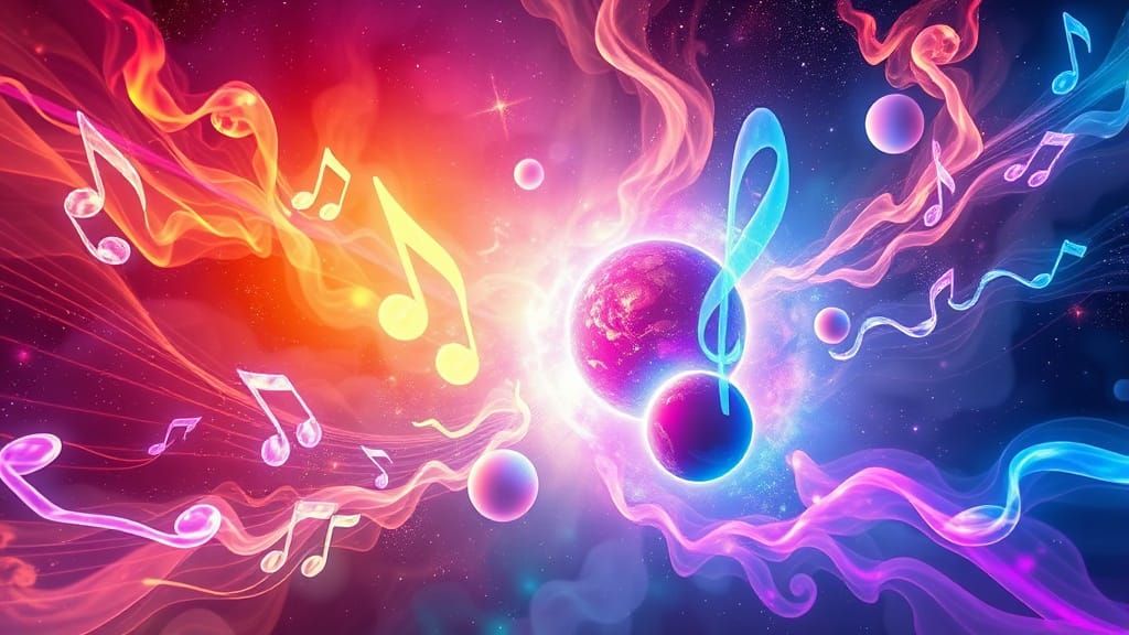 Cosmic Symphony of Rainbow Notes and Nebulae