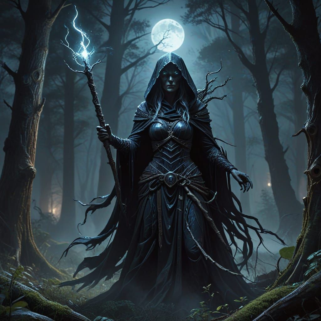 Sorceress in Moonlit Forest Clearing, Dark Fantasy Art