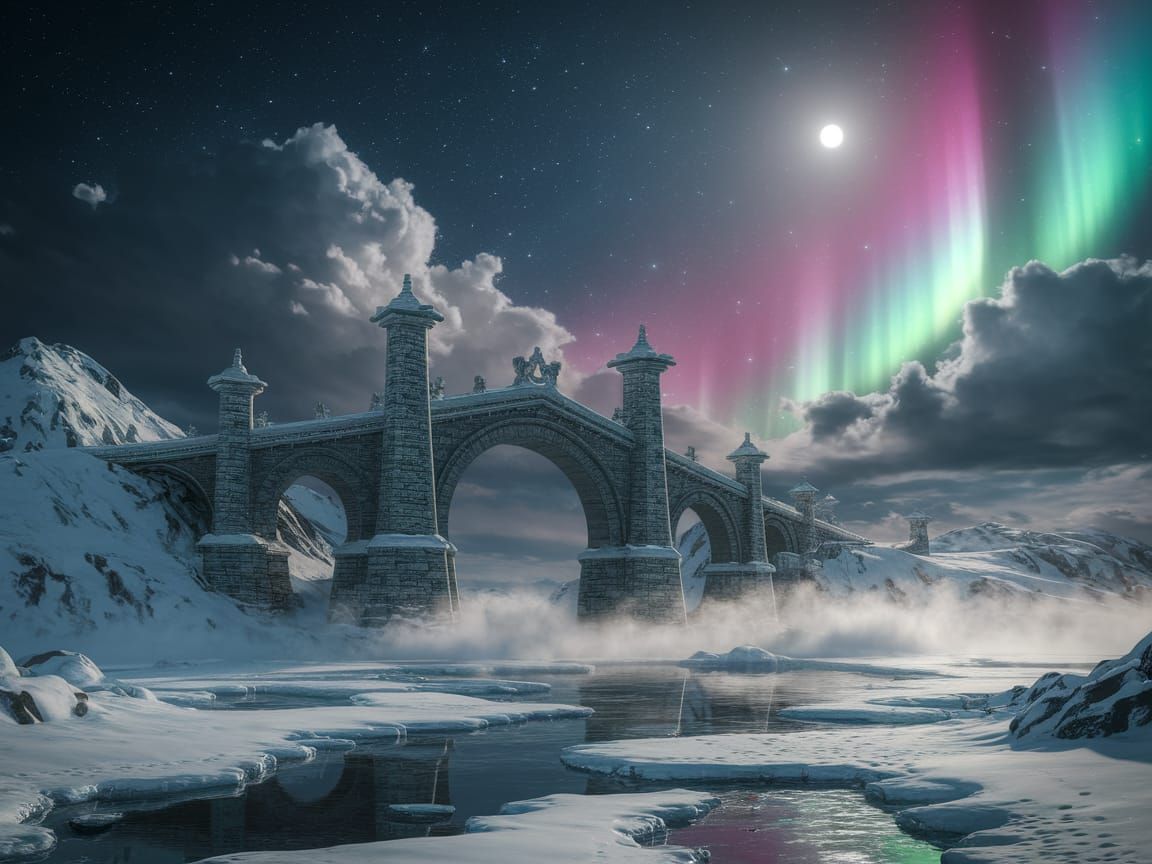 Majestic Stone Bridge in a Fantastical Winter Wonderland