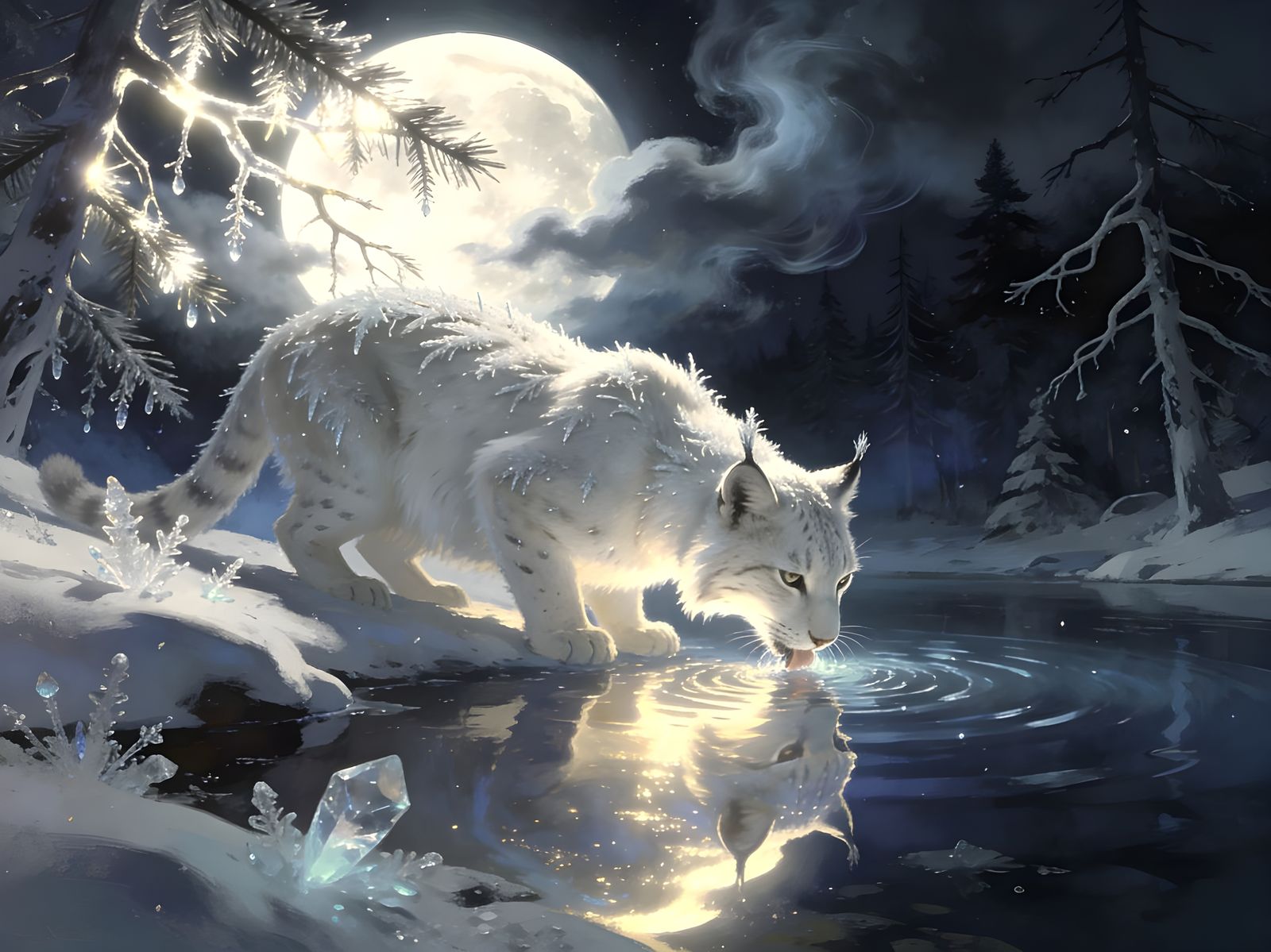 Winter Lynx Reflection Under Moonlight Digital Painting