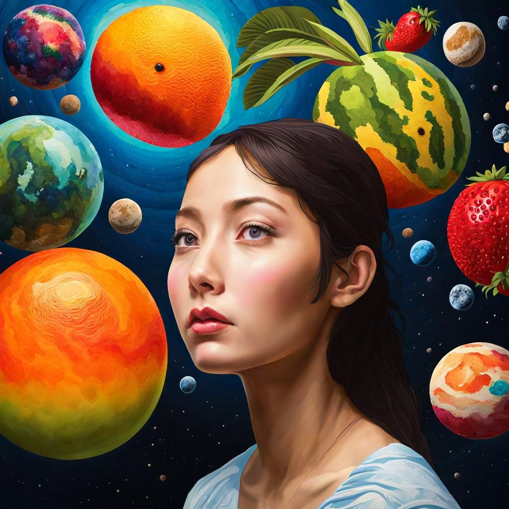 Fruity Planets and Rabbits in Gouache Style