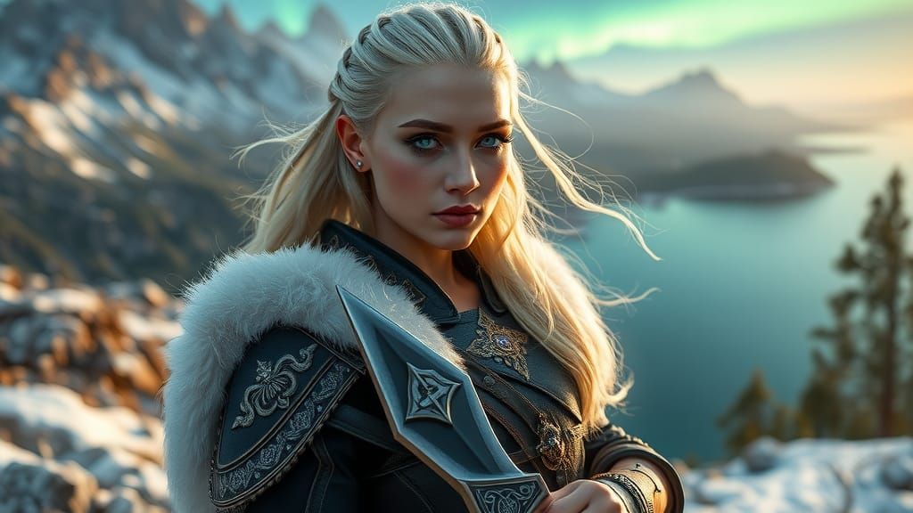 Viking Warrior Woman on Windswept Cliff