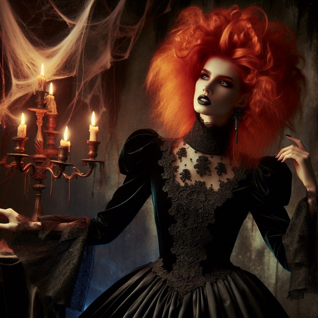 Red-Haired Gothic Girl in Victorian Mourning Style