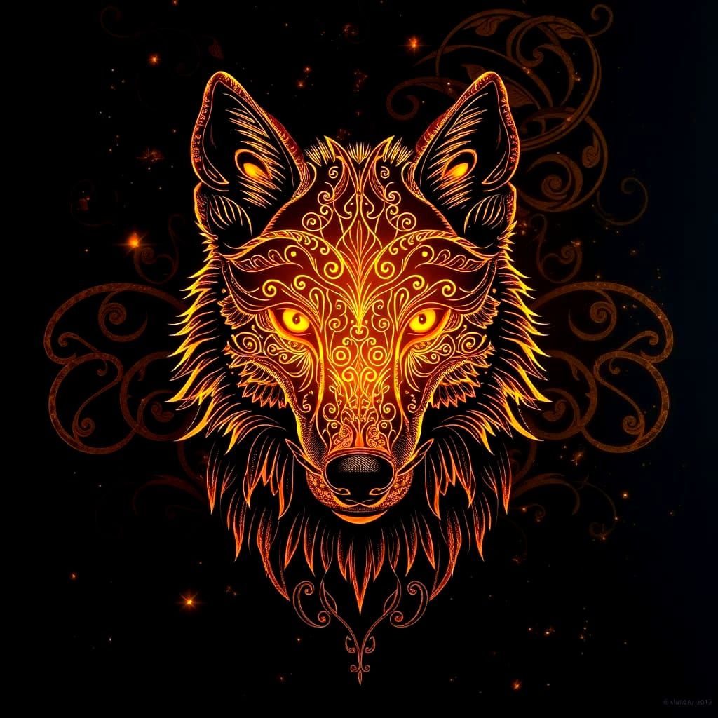 Bioluminescent Wolf with Golden Filigree Designs
