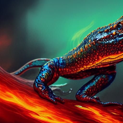 Iridescent Salamander Disintegrating from Lava: Digital Art