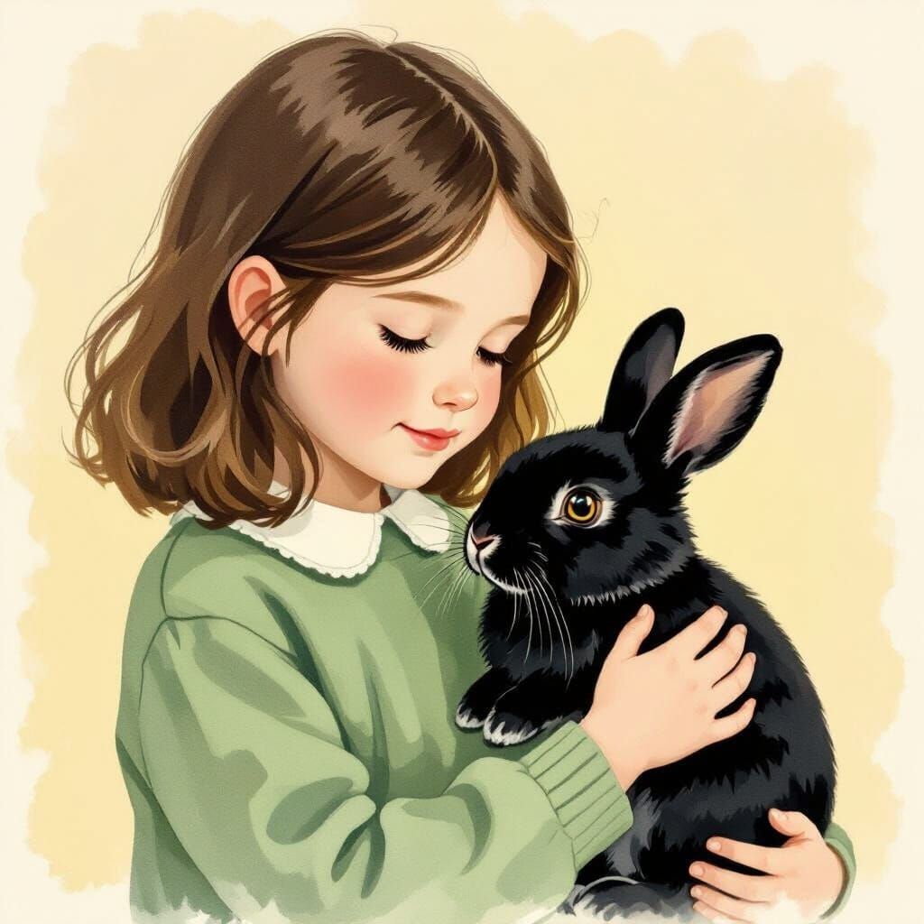 Girl Holding Rabbit in Watercolor Style