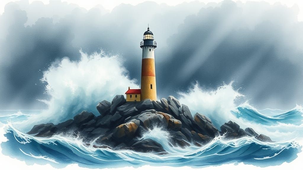 Lighthouse Battling Storm in Watercolor Wet Wash