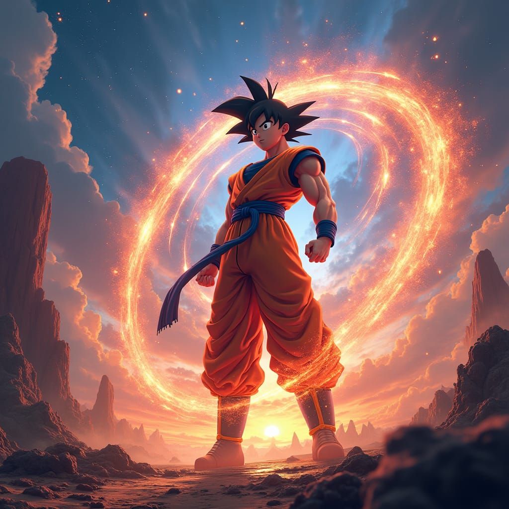 Goku Amidst Celestial Energies in Unreal Engine 5 Style