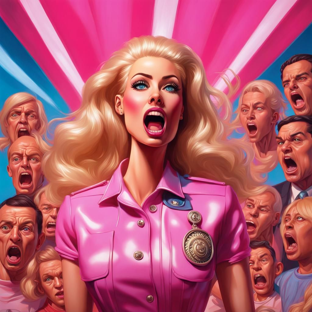 Totalitarian Barbie Screams in Hyperrealistic Splash Art