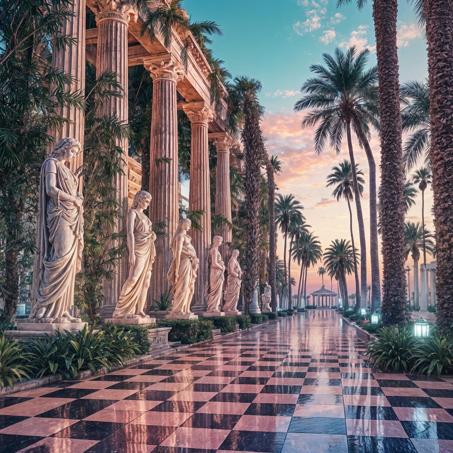 Neon Greek Oasis with Palm Trees and Retro Columns