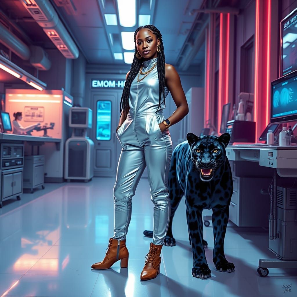 Futuristic African Woman with Bioluminescent Panther, Comic ...