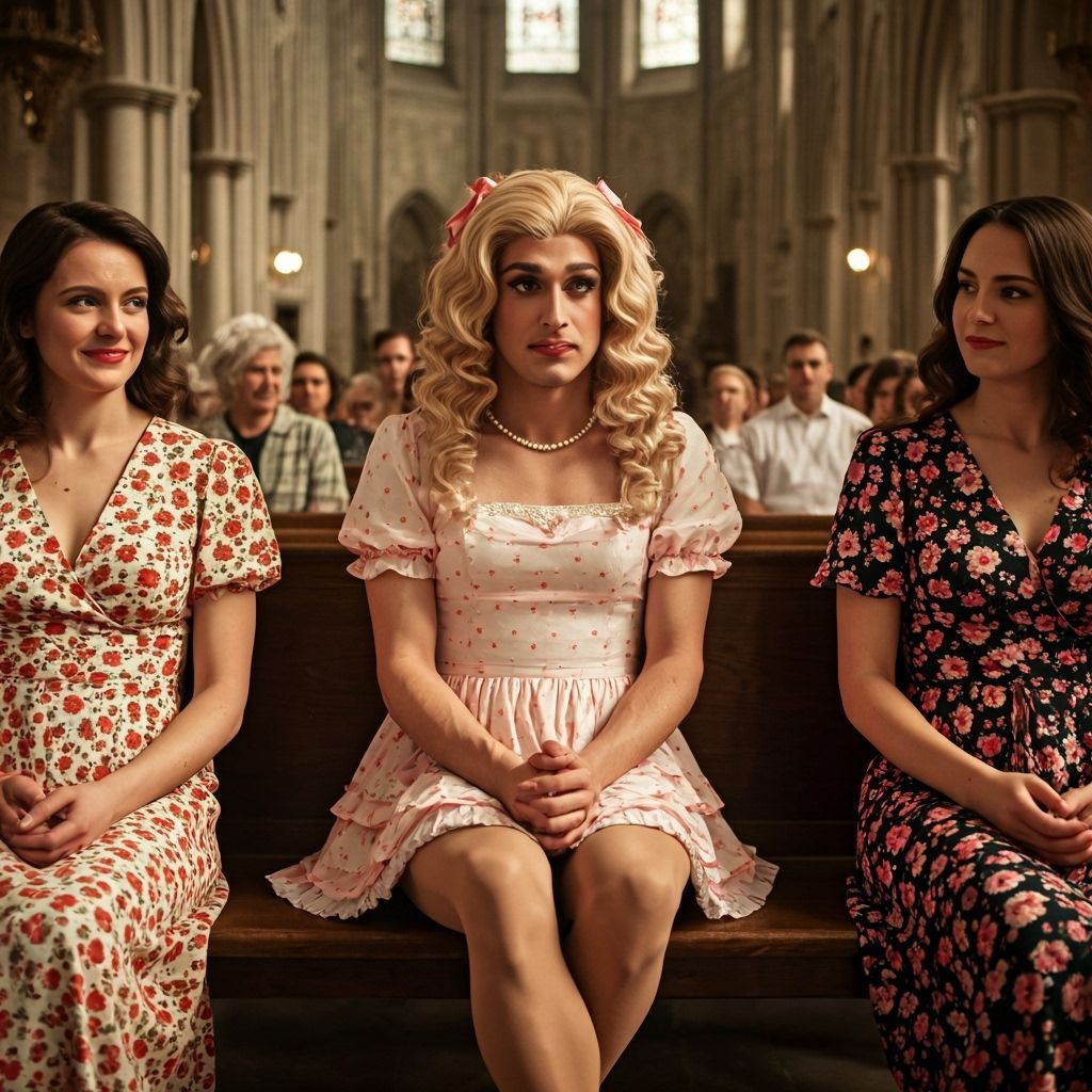 Shy Young Man Crossdressing in 1950s Church Setting