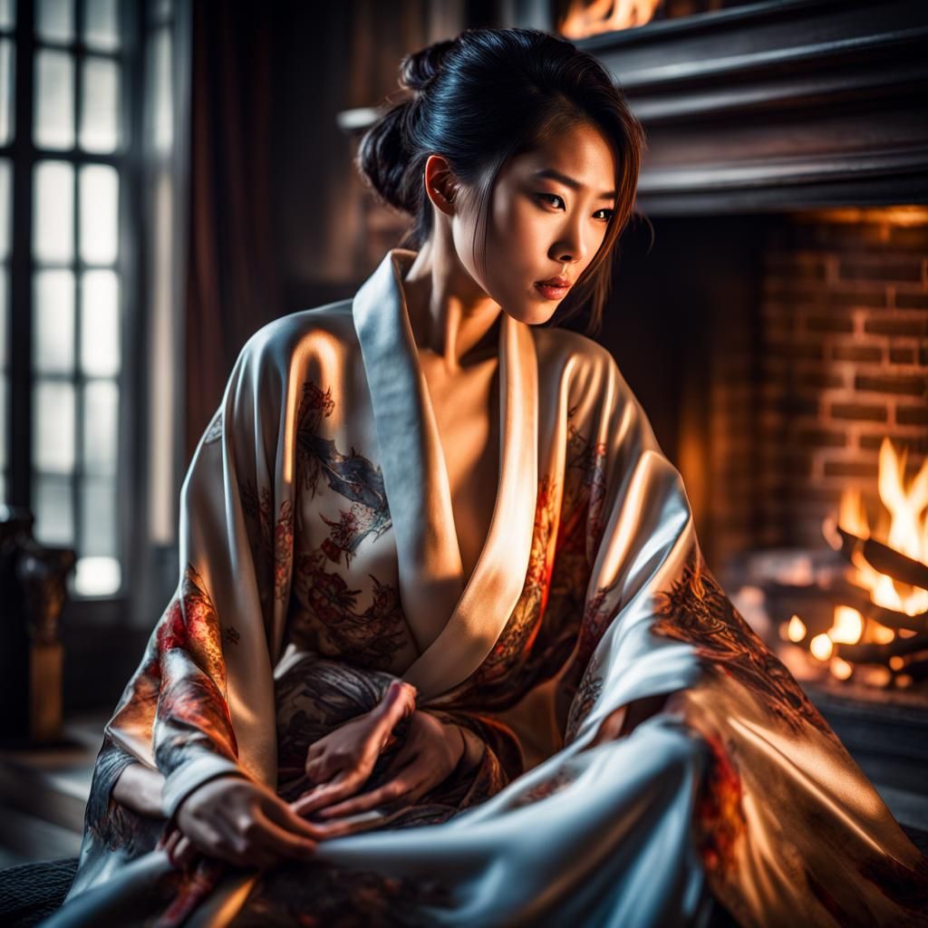Vampire Beauty in Silk Robe with Fireplace