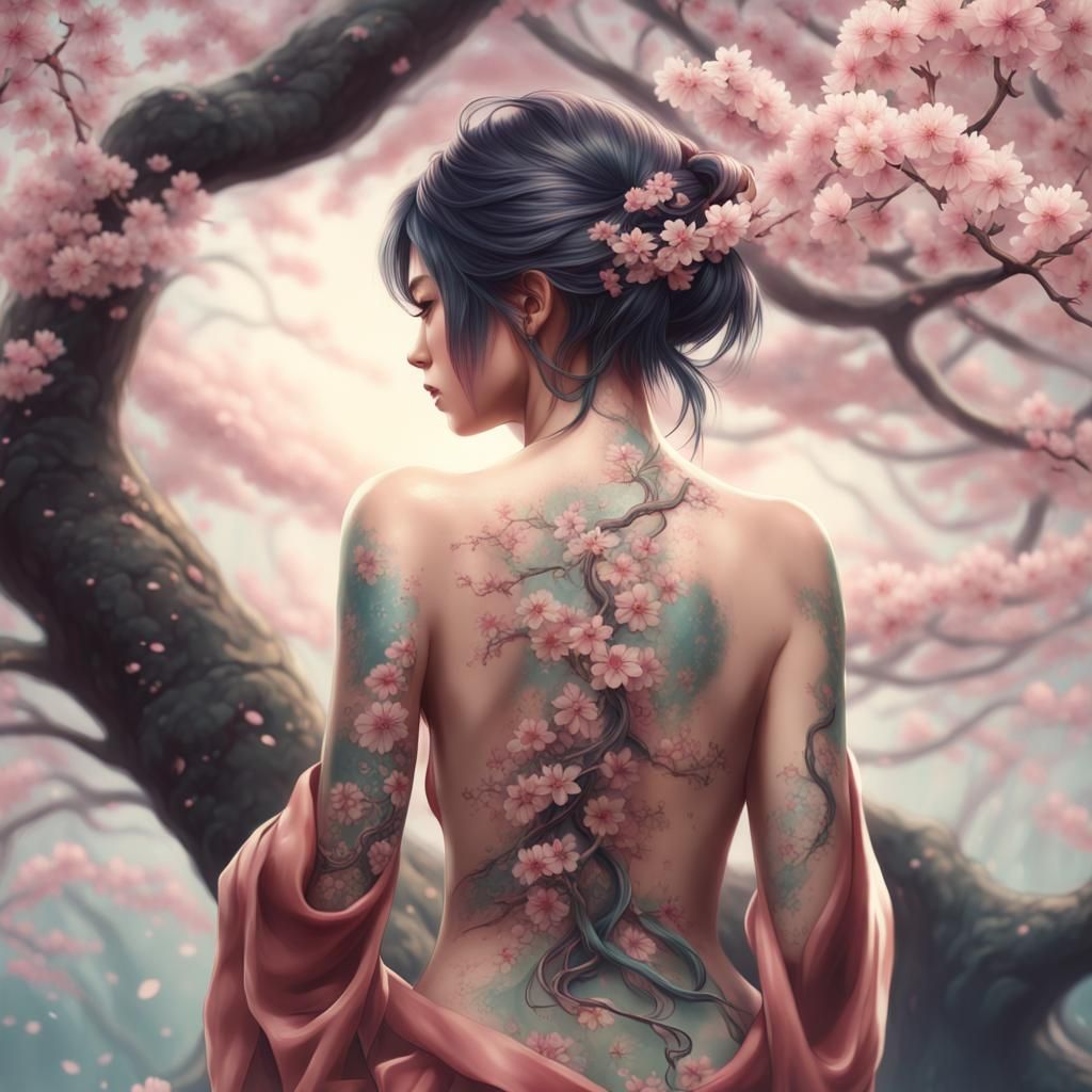 Irezumi: Delicate Japanese Girl with Cherry Blossom Tattoo