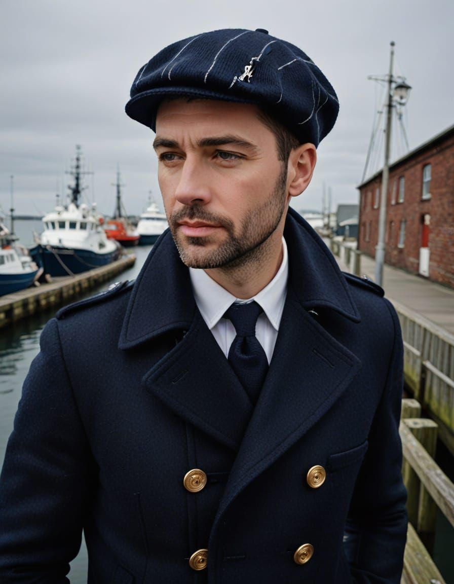 Nautical Man Portrait in Navy Blue Wool Pea Coat