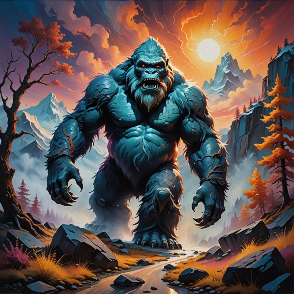 Surreal Yeti Attacks in a Vibrant, Dreamlike Landscape