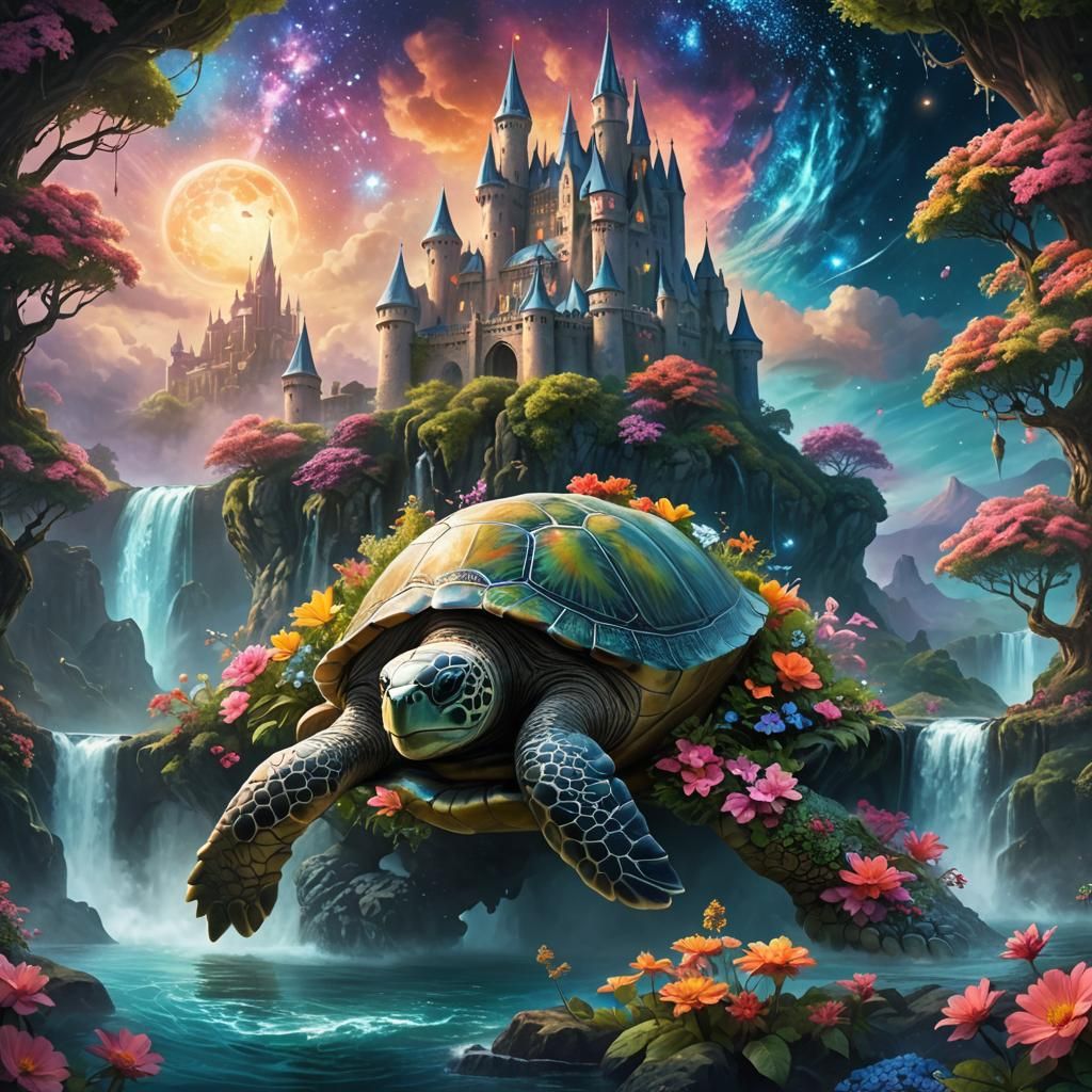 Giant Turtle Castle Garden in Space, Matte Painting