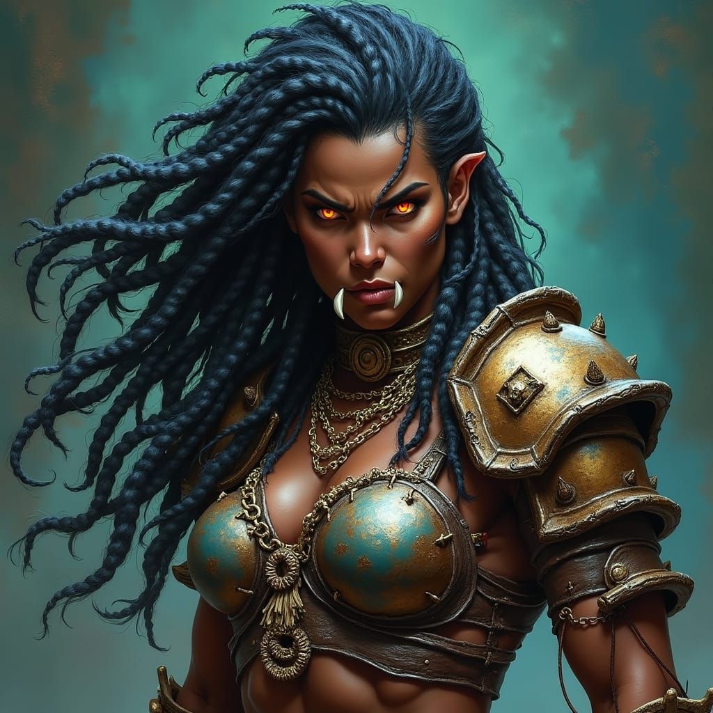 Half-Orc Barbarian Woman Portrait in Dark Fantasy Style