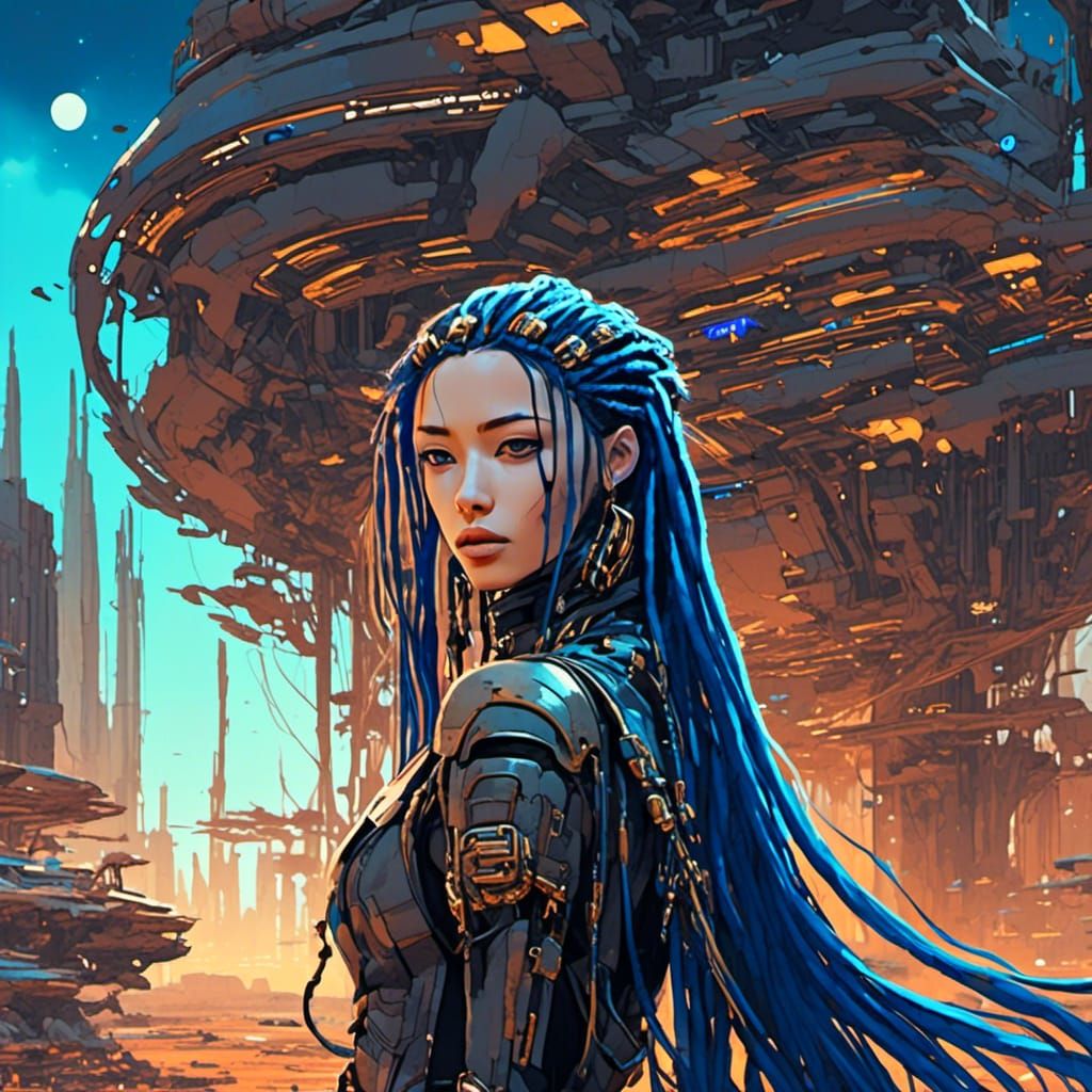 Anime Cyborg in Neon Martian Cityscape