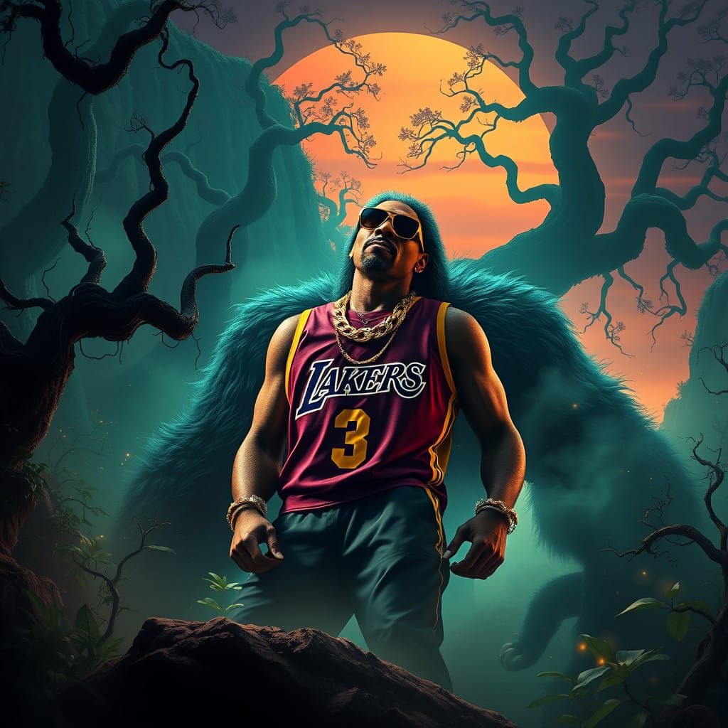 Snoop Dog Standing on Majestic King Kong in a Fantastical Ju...
