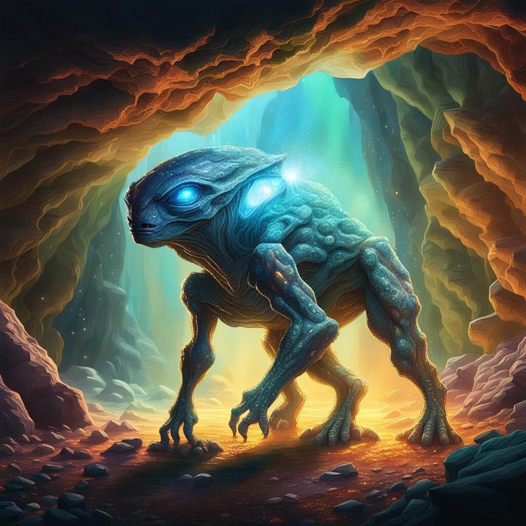 Alien Cave with Sparkling Diamonds and Creature