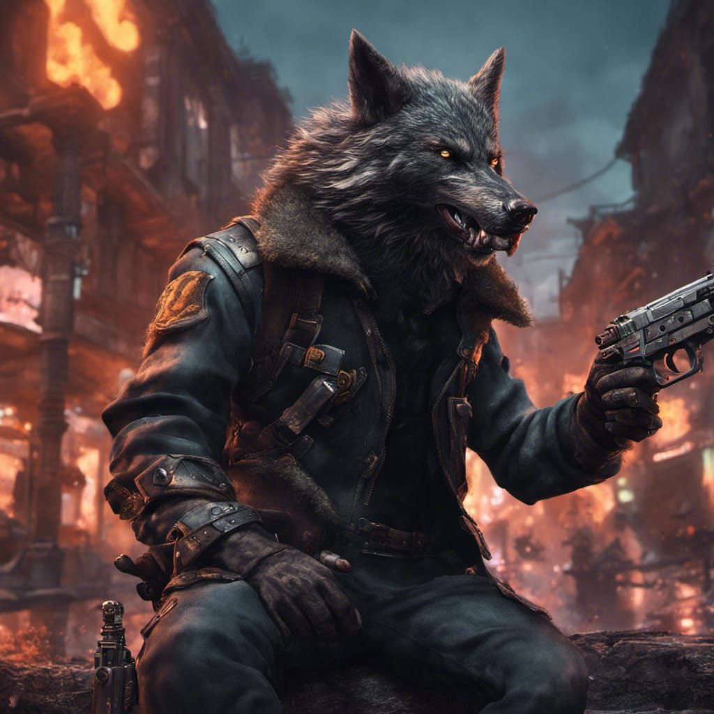 Detailed Black Wolf Punk Fixing a Gun