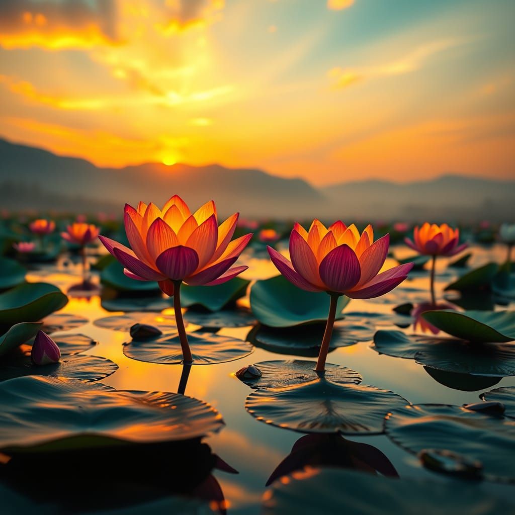 Lotus Flowers on Lake at Sunset in Art Nouveau Style