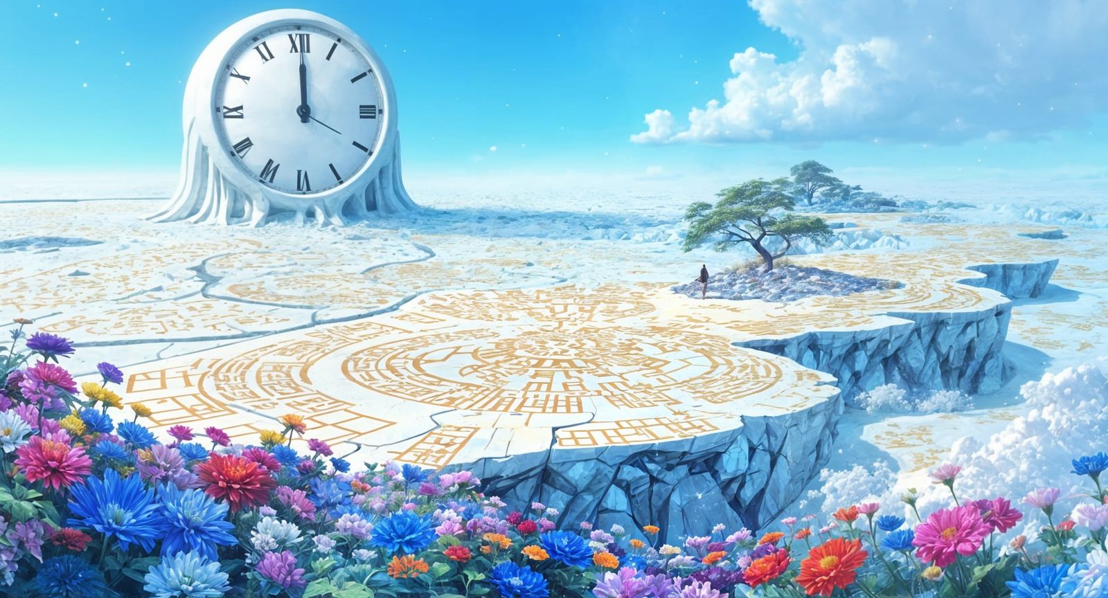 Surreal Porcelain Peninsula with Iridescent Flowers