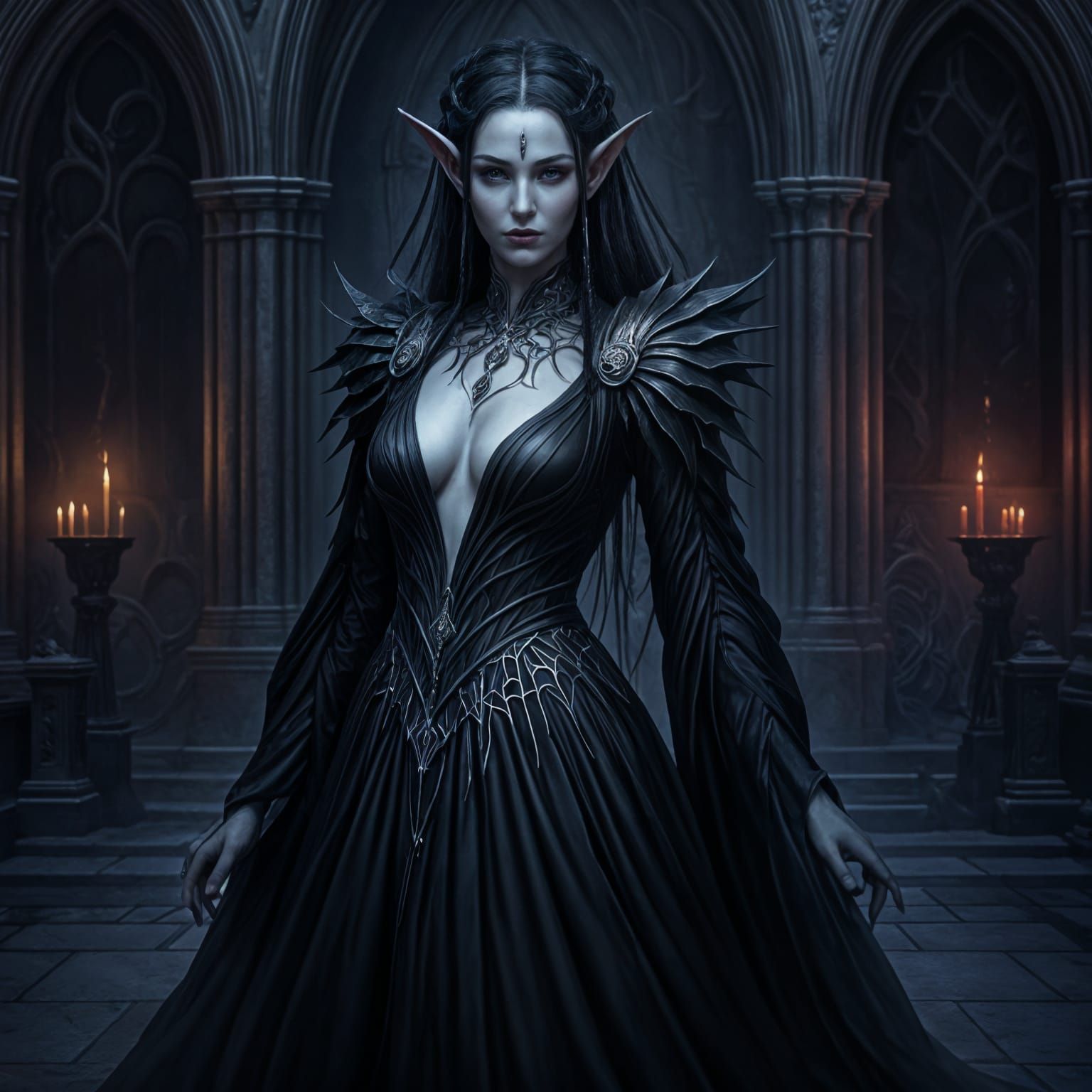 Dark Elven Noblewoman in Gothic Fantasy Setting