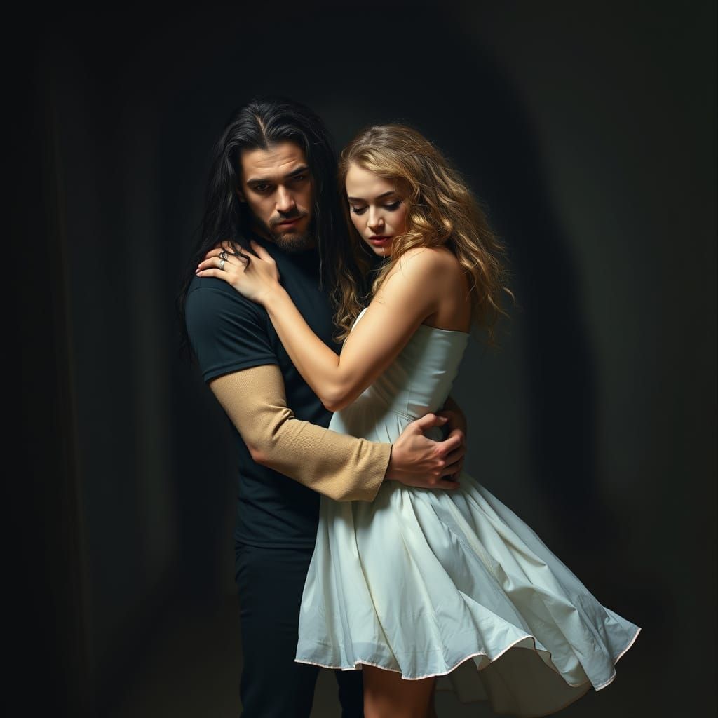 Man in Turmoil, Embracing a Woman in a Haunting, Dimly Lit S...