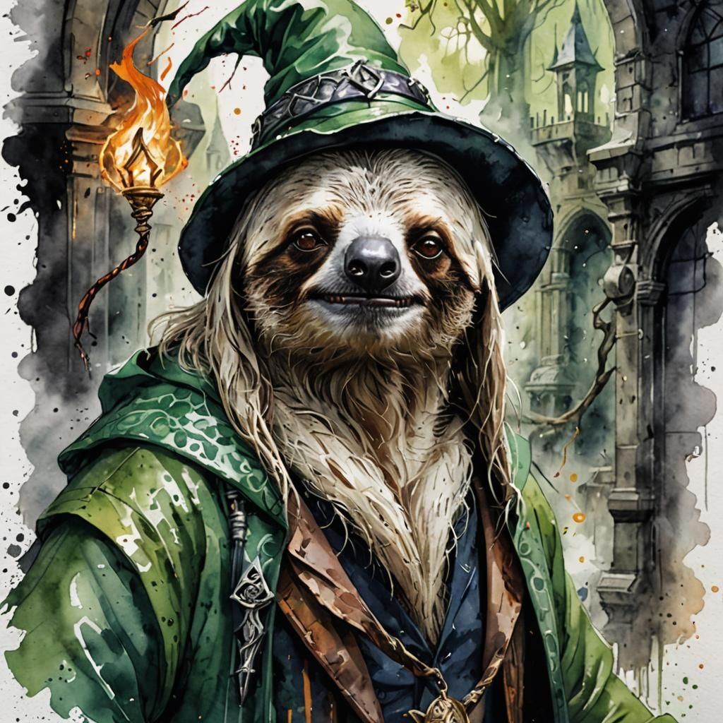 Sloth Wizard of Slytherin in Watercolor Style