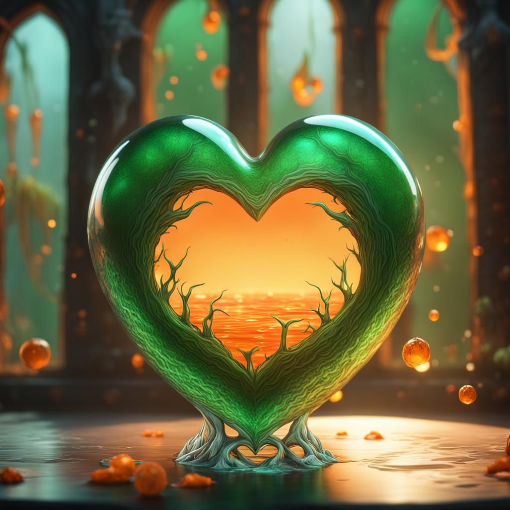 Heart Glass with Green Foxes, Digital Painting