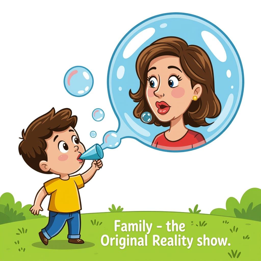 Child Blowing Soap Bubbles with Surprised Mom Inside