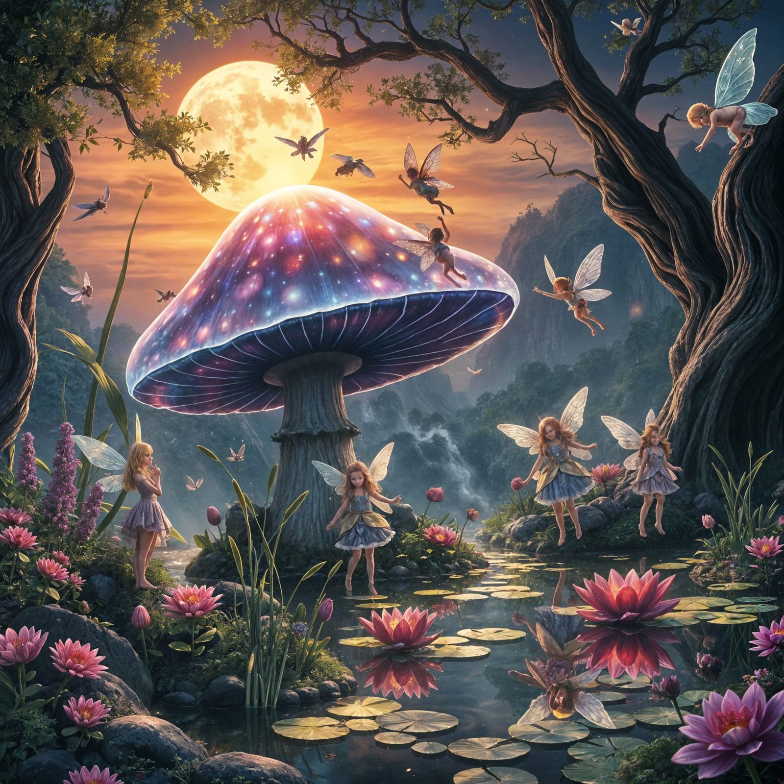 Magical Gathering of Fairies Around Mushroom
