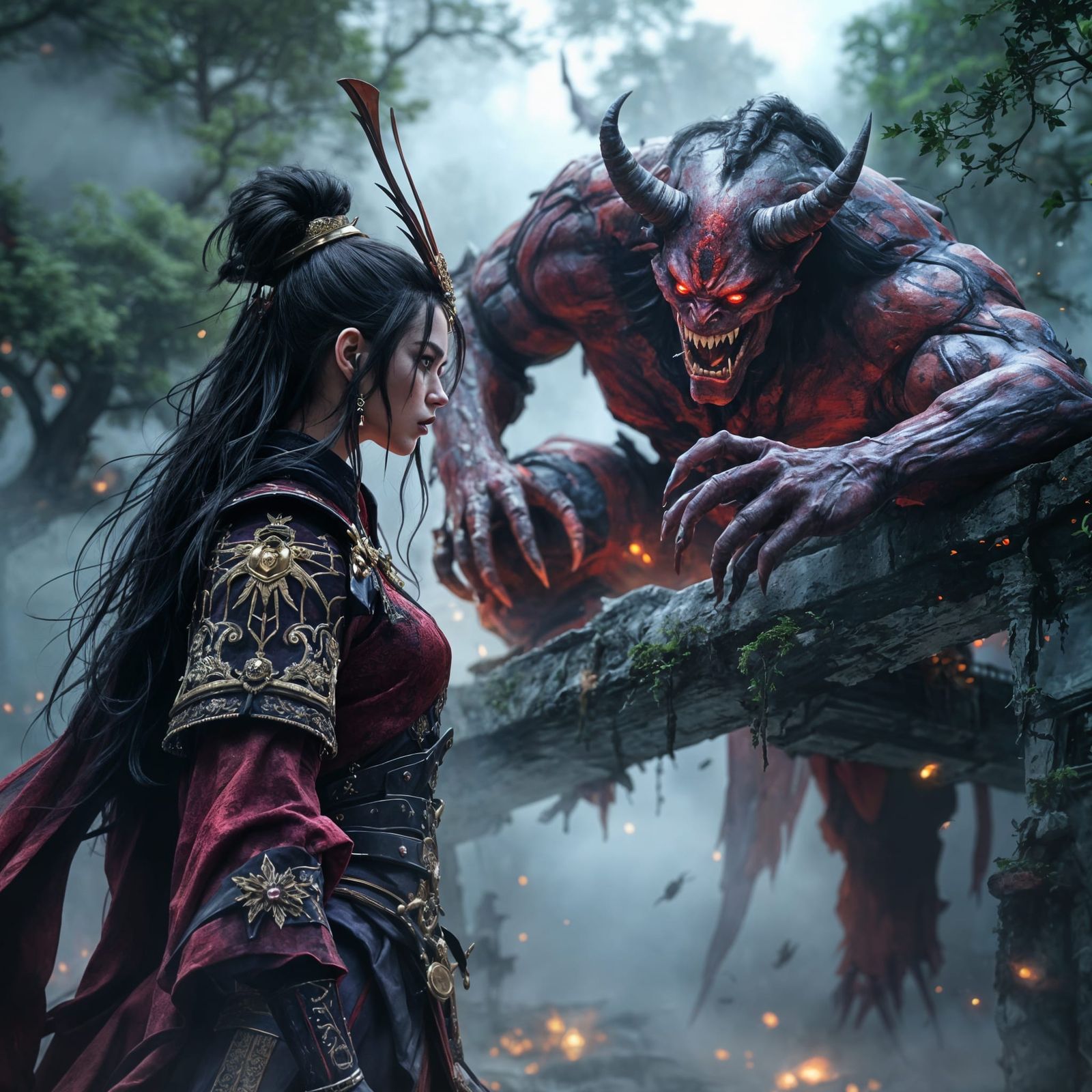 Samurai Maiden and Oni in Fantasy Art