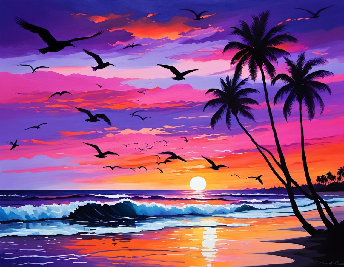 Breathtaking Beach Sunset with Palm Silhouettes