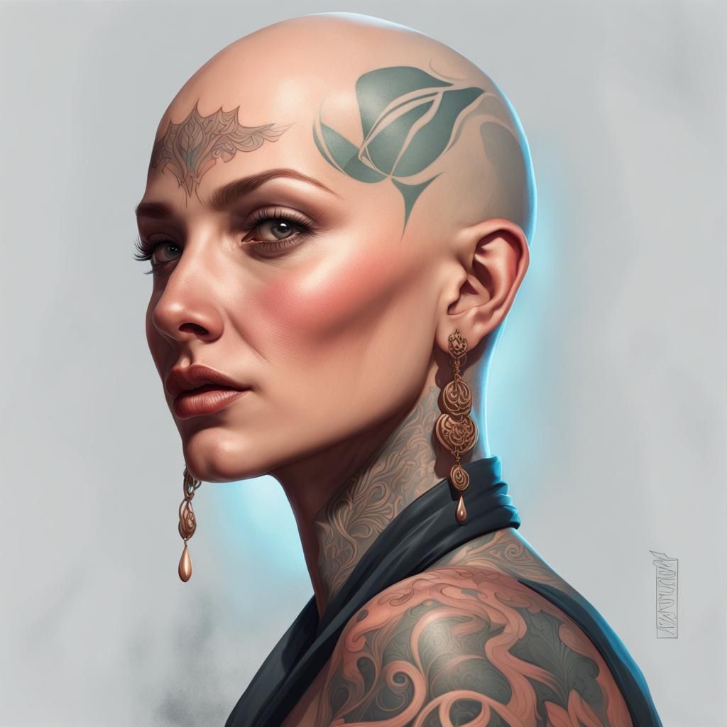 Intricate Head Tattoo Portrait in Art Nouveau Style